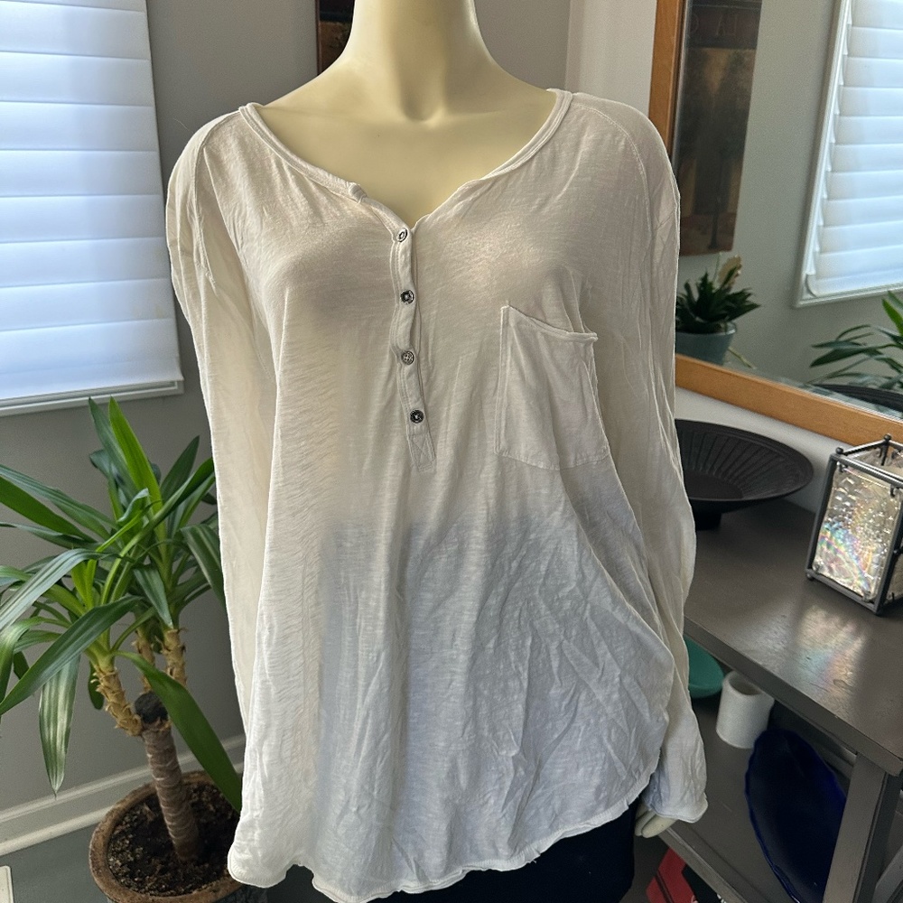 We The Free White Long Sleeve Pocket Henley ~ Large ~ Oversized